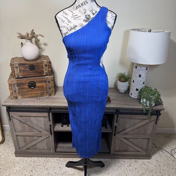 Hello Molly Fearlessly Hot Ribbed Midi Dress Blue Size 4 Cut out One Shoulder - Picture 2 of 7